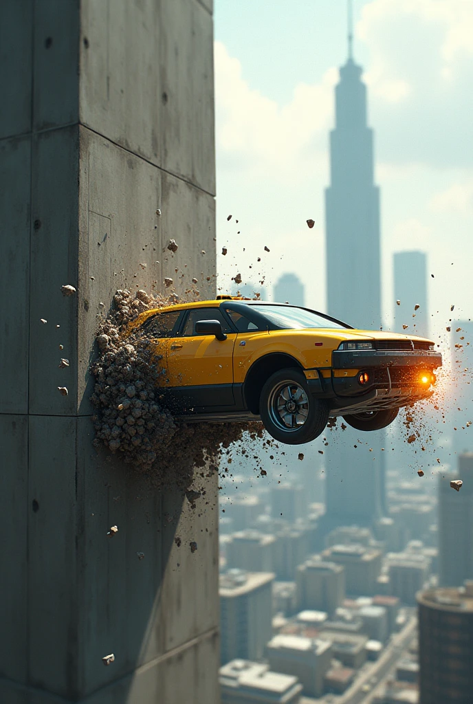 A taxi flying in the sky and crashing into a wall and then the entire hood is destroyed