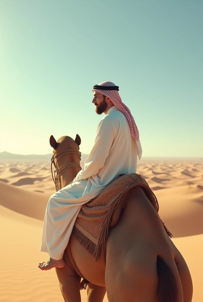 Messi is sitting up a camel in a desert wearing white dress like a Arabic 