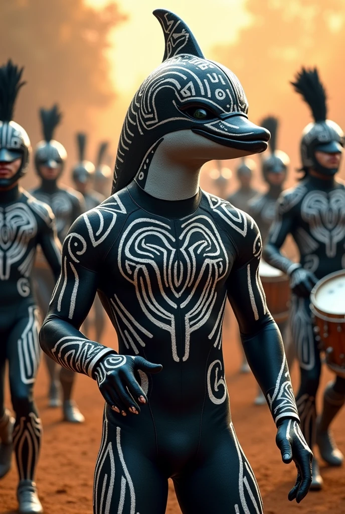 A tribal style marching band drumline dolphin logo with a black and white dolphin suit