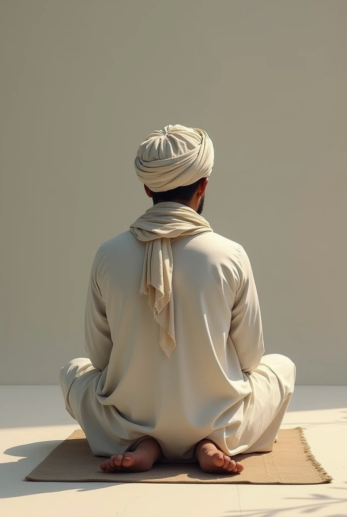 It appears that a man is praying to Allah, the man is speaking in white Punjabi and is facing backwards, there is a handkerchief around his neck, and there are shoes on his feet