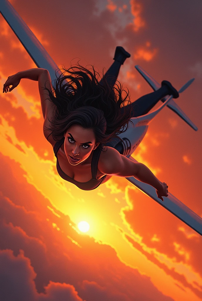 Create an art style illustration of a woman falling from the sky from a small plane at sunset and you can see the wind hitting her face hard and the adrenaline in her eyes.