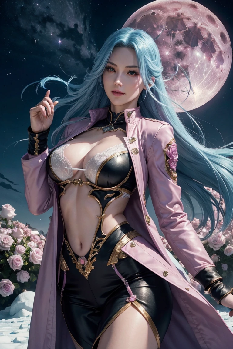 KOF,King of Fighters,Cooler・diamond,woman,Red Eyes,Light Blue Hair,long hair,Purple long jacket,Beautiful white skin,Photorealistic,Ultra HD,high quality,masterpiece,Digital SLR,Detailed details,Intricate details,Anatomical basis,Depicted in detail,A detailed face,Realistic skin texture,Vivid details,Perfect Anatomy,Perfect Anatomy,Anatomically correct hand,Anatomically correct fingers,Super Detail,Complex 3D rendering,Sexy pose,Fantasy worldview,Beautiful pale full moon,,Beautiful night sky,The petals of the ice rose flutter,Picturesque,Pink Lips,smile,