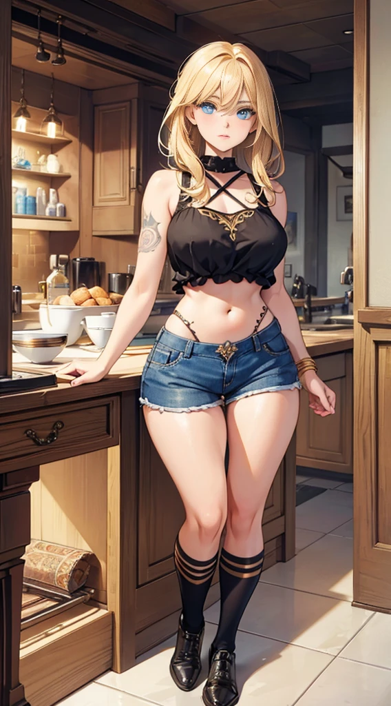 Beautiful Caucasian Girl, Blue Eyed, Golden Hair, He has several tattoos all over his body., Wearing shorts, The outline of her thighs is clearly visible, Wearing a short blouse, Show me your belly