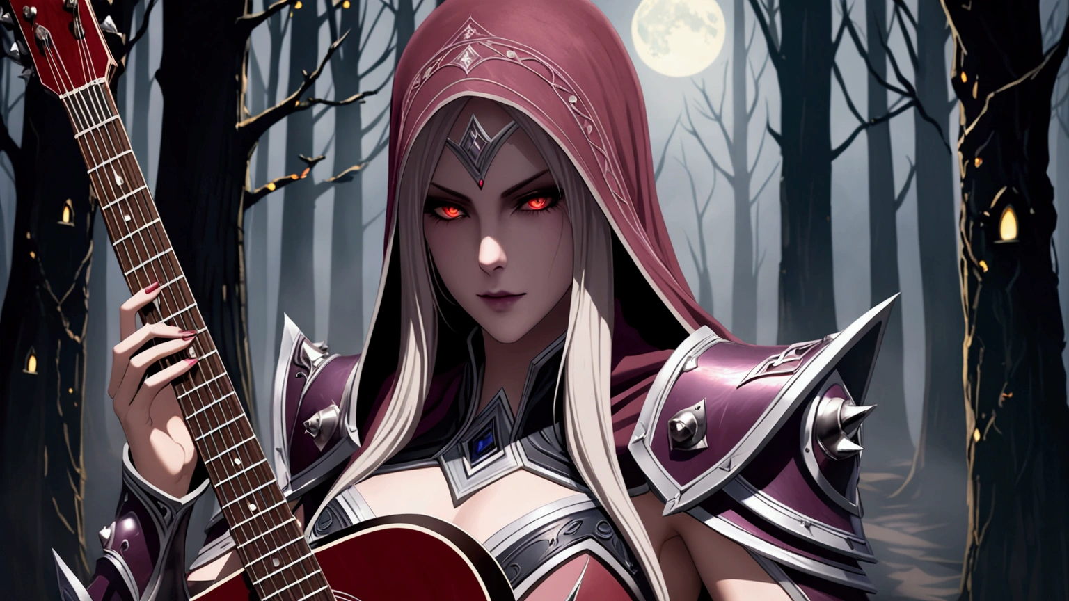 Sylvanas Windrunner, the legendary leader of the Forsaken, sits on a dark wooden throne, surrounded by an aura of mystery and magic. In her hands, she holds a vibrant red guitar, its strings seemingly pulsing with unearthly energy. Her eyes, burning with an otherworldly intensity, stare directly at the viewer, as if daring them to come closer. Her long, white hair falls over her shoulders, framing her pale, ethereal face. Her lips, painted a deep red, curve in an enigmatic smile, as if guarding secrets known only to her. The guitar, which appears to have been created by magical hands, emits an intense red light that illuminates the environment around it. The strings vibrate with an energy that seems almost palpable, as if they are alive and responding to Sylvanas’ touch. In the background, a dark and mysterious mist spreads, as if the night itself is closing in around Sylvanas. The atmosphere is charged with tension and anticipation, as if something is about to happen.

The image is a mix of shadows and light, of mystery and magic, capturing the essence of Sylvanas Windrunner as an enigmatic and powerful creature.