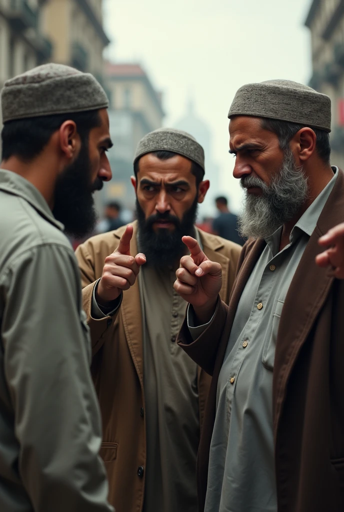 Two Muslim men pointing at a man with their index finger and saying they hate him