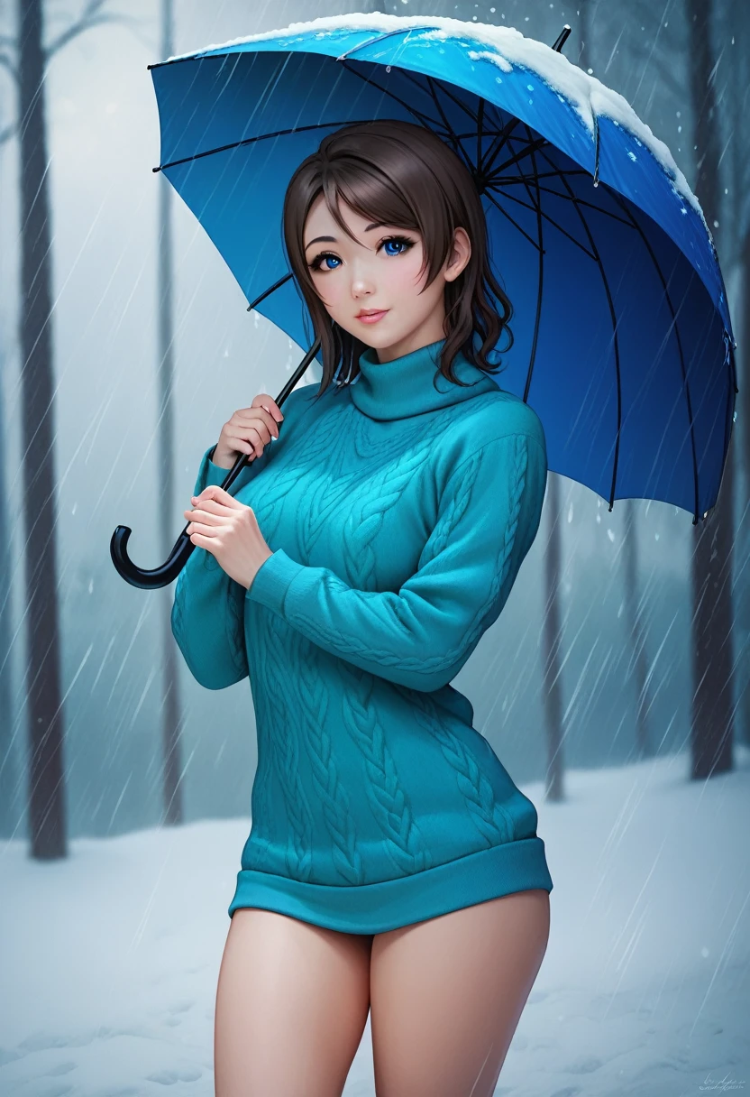 (Masterpiece), 8k wallpaper, solo, realistic, Watanabe you, standing, sweater, thighs, holding umbrella, snow rain,blue eyes, beautiful detailed face and eyes , Asian Girl
