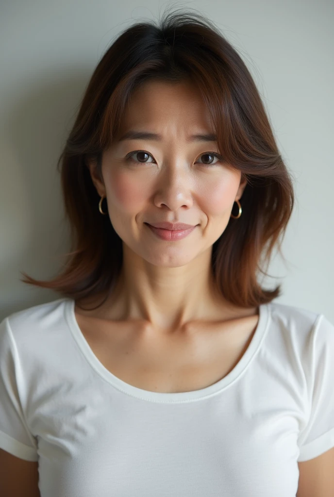 Japanese women、50 years old、Brown Hair、Hairstyle to the shoulders、T-Shirts、Ｂcup、Embarrassed look