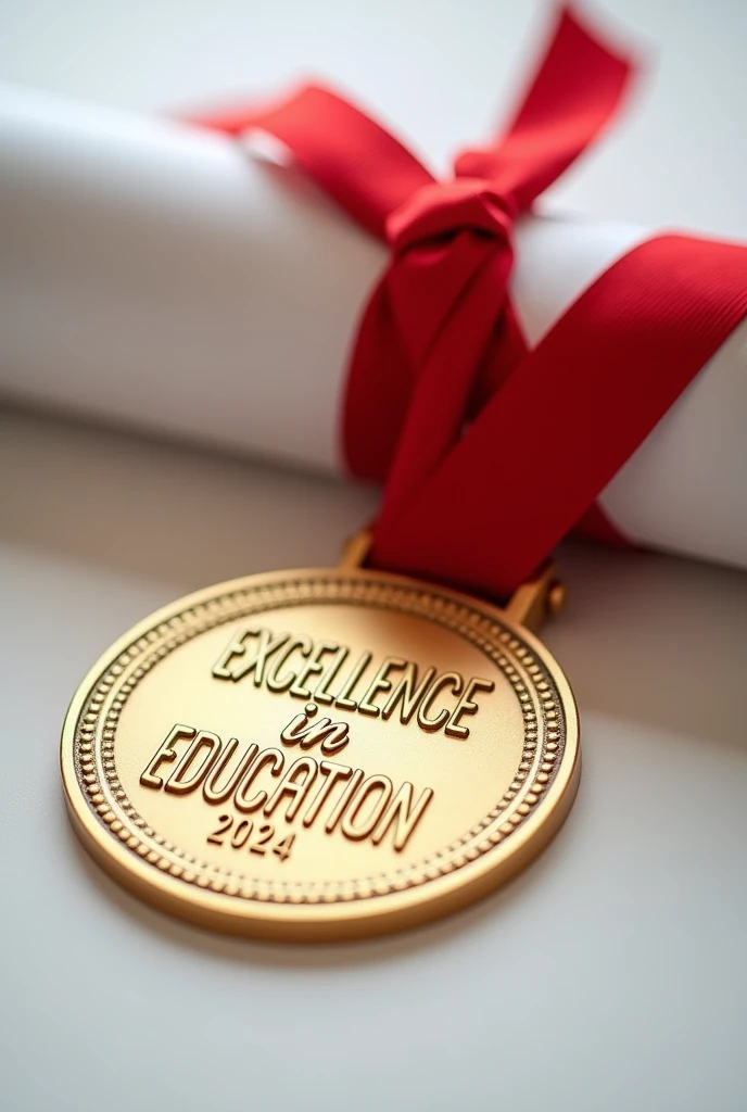 A close up of a post graduate CERTIFICATE and rolled up with a red color ribbon , placed next to a shining gold medal with the inscription "EXCELLENCE IN EDUCATION"and the year 2024