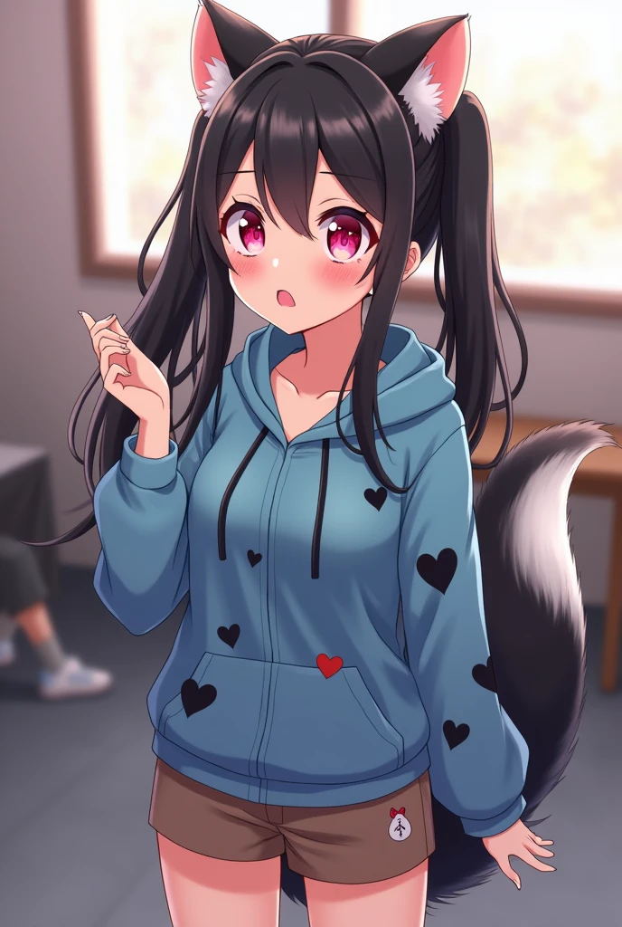 Beautiful 1 skunk girl. Teenager high school. Anime lesbian Skunk girl with ears and tail. Lesbian Skunk girl with ears and tail blushes and cries being in love with cute lesbian girl like you and she wanna tell you She is a futa and you said you like futa girls so she says "I love you". High school teenager. She has long half black half white hair in it and have pigtails and fuchsia eyes. She wears a blue hoodie with black hearts on it, brown shorts with shape of small cock inside and white sneakckers and black shocks. She blushes and cries being in love with cute lesbian girl like you and she wanna tell you She is a futa and you said you do like futa girls so she says "I love you" . 