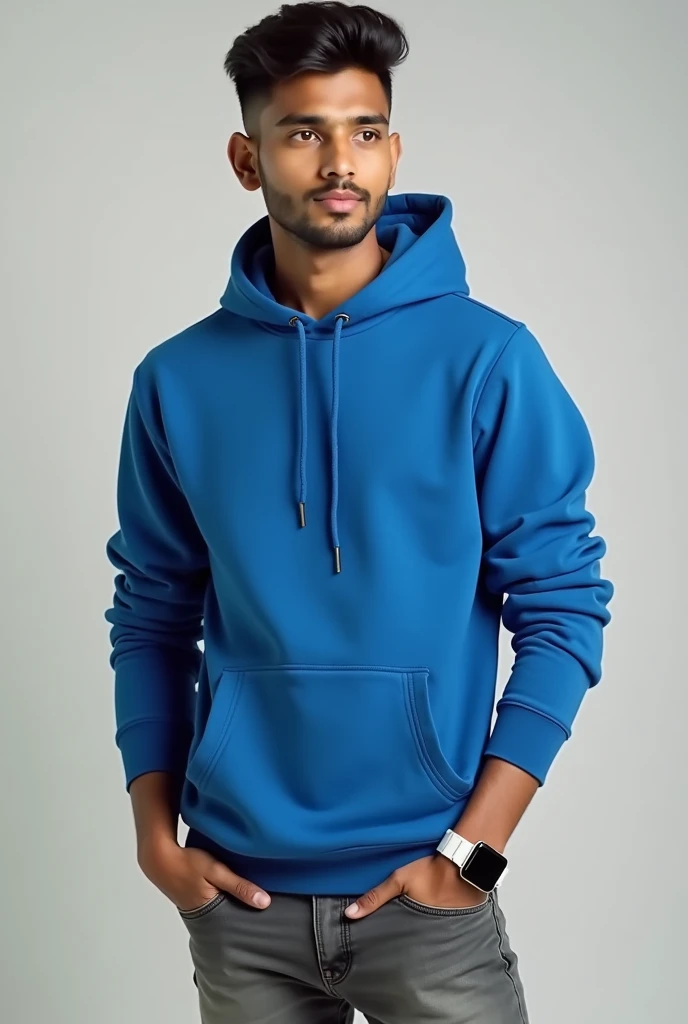 a 21 years of indian boy wearing blue hoodie and grey jeans pant and white smart watch and with fade haircut