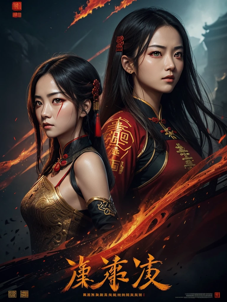 (Best quality, movie poster style), beautiful woman with (one red eye:1.2),(meaningful writing of chinese script:1.1), perfectly combine elements with each other.