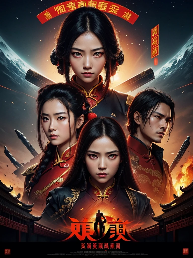 (Best quality, movie poster style), beautiful woman with (one red eye:1.2),(meaningful writing of chinese script:1.1), perfectly combine elements with each other.