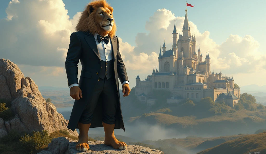 A brave Lion standing on a rock watching his palace.the loin wearing Blake and white gentleman suit
