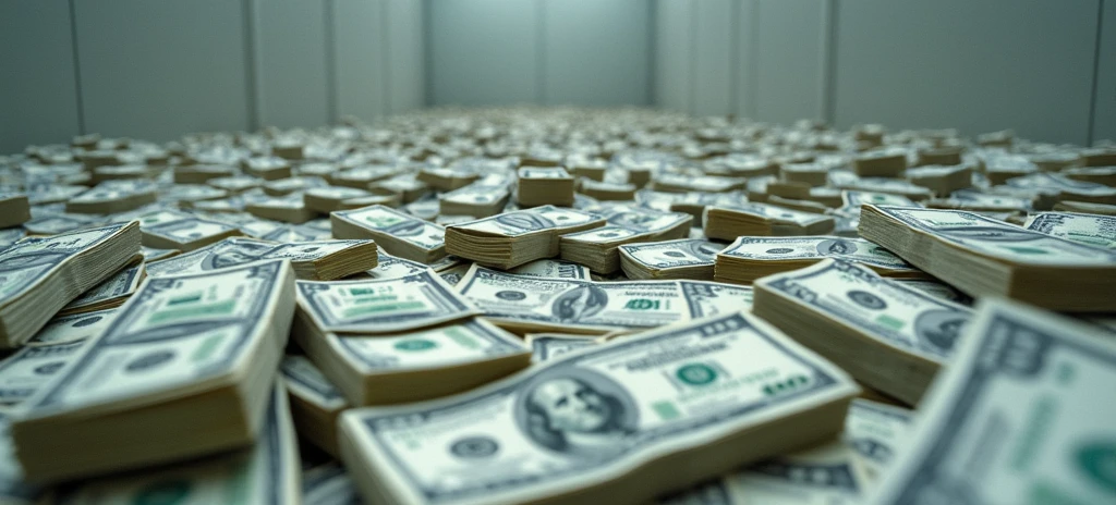 A huge pile of money, paper bills separately and in packs, a pile of dollars in packs, (a long shot), (a wide-angle camera),