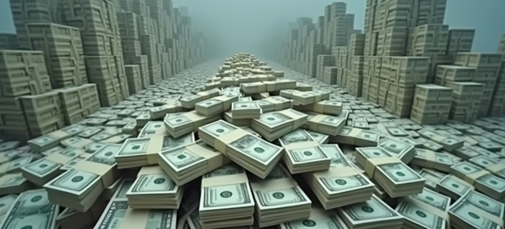 A huge pile of money, paper bills separately and in packs, a pile of dollars in packs, (a long shot), (a wide-angle camera),