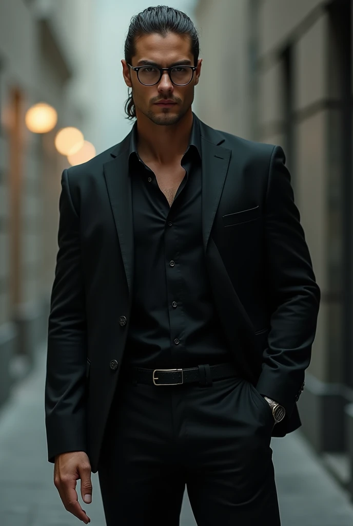 Man or a boy, soft but rough, handsome, muscular, obsessive to only his girl, loyal, cold, responsibility, tall, fit body, wear glasses, mullet cut hair tied up, wore fully clothed, black shirt tucked in, rich, ceo, suited, clean shave clear face, age 28, baby face but rough