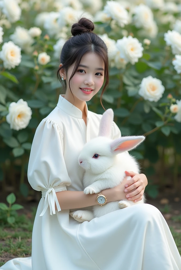 A beautiful Indonesian girl, smooth white skin, well-groomed face,Korean style bun hair, purple , ,wearing a pure white dress, knee length wide mayung, , closed chest, left and right sleeves with beautiful ribbons,balloon sleeve model ,holding a large rabbit, , ,luxury watch , white shoes, sitting pose,, with grace, eyes looking at camera. in the thicket , white roses that bloom beautifully and thickly. Rose field background , beautiful very amazing .Realistic original photo 