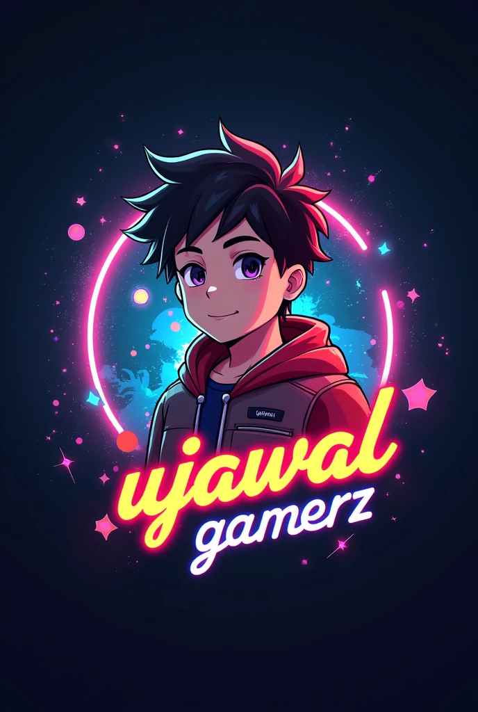 This is a gaming logo that features the name "UJJAWAL GAMERZ " in a futuristic font and a neon golden color. and  Anime Boy avtar.
