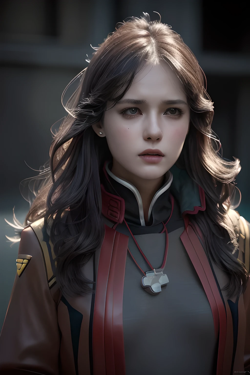 a beautiful young girl with long dark hair, split bangs, wearing a red jacket, black dress, and jewelry such as earrings and a cross necklace, (best quality,4k,8k,highres,masterpiece:1.2),ultra-detailed,(realistic,photorealistic,photo-realistic:1.37),extremely detailed eyes and face,longeyelashes,intricate detailed facial features,highly detailed clothing textures,dramatic lighting,cinematic composition,muted color palette,chiaroscuro lighting,elegant,graceful,serene