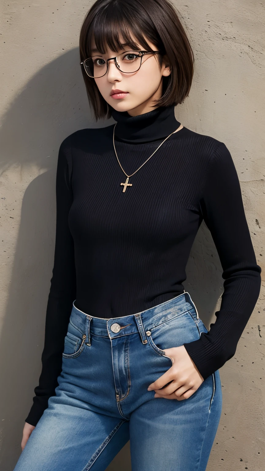 (masterpiece, Highest quality:1.2), Cowboy Shot, alone, One girl, Shizuku Murasaki, Expressionless, View your viewers, Put your arms behind your back, Short layered hair bangs, Brown eyes, large square glasses, Black turtleneck, , jeans, Exposed abdomen, Cross Necklace