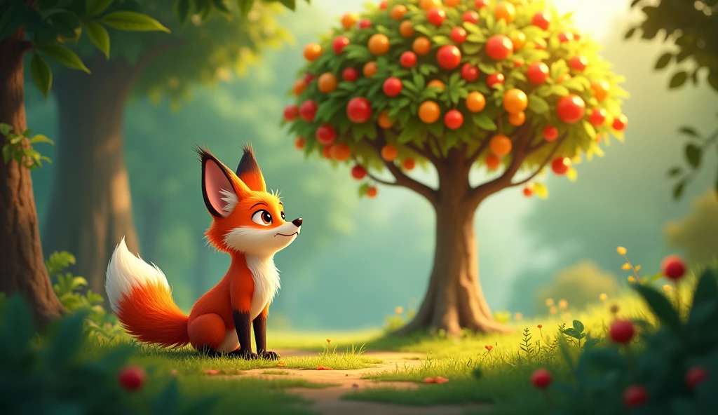 Description: fox spots a tall tree laden with sweet fruits in the middle of the forest.
Action: She looks up at the tree with a greedy expression, but then frowns, realizing the tree is too tall for her to reach. 3D cartoon
