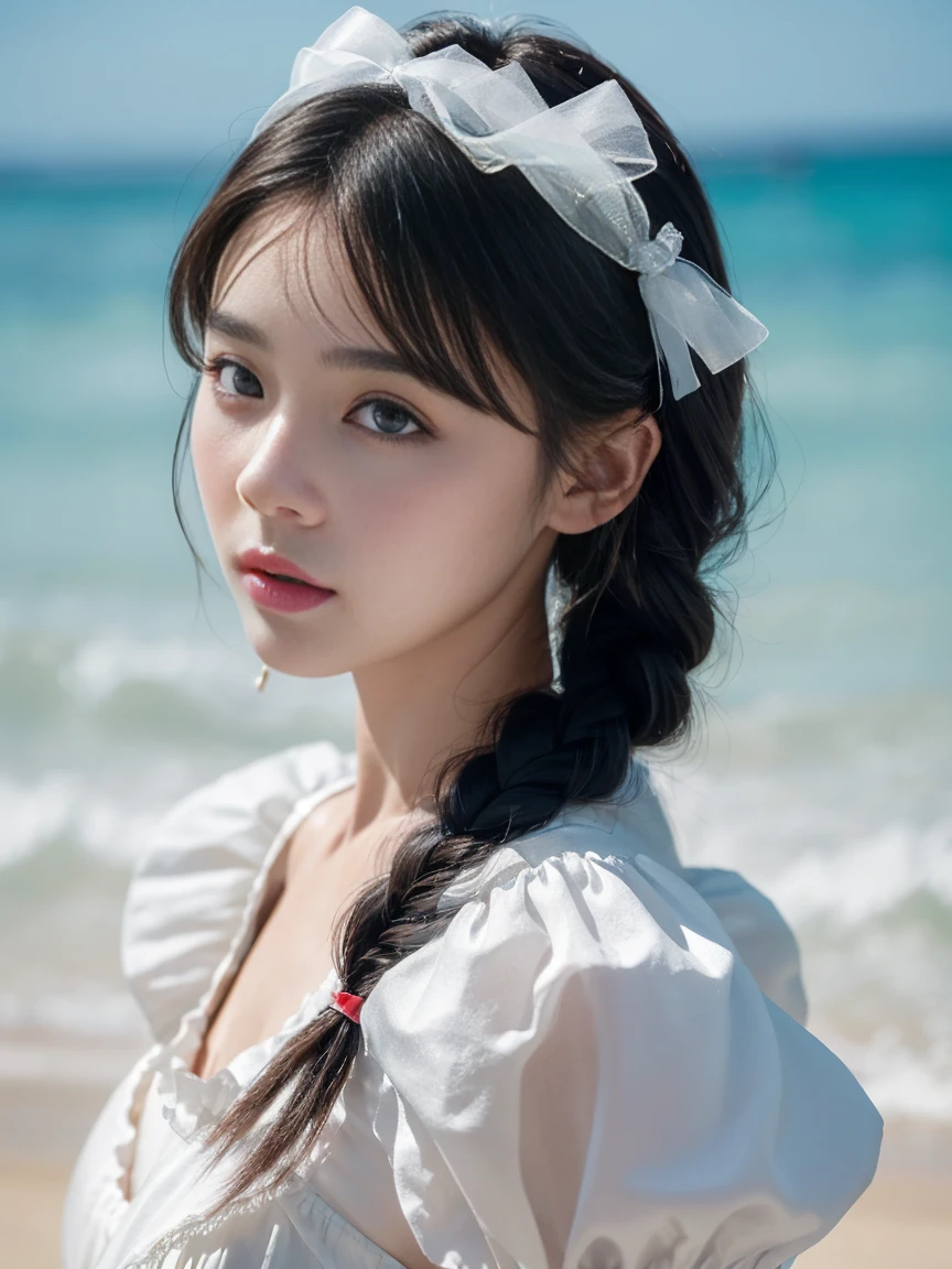 best quality, Super No, Reality, Photography of a beautiful woman, 30 years old teenage years, Delicate face, Black messy fishtail braid, (Delicate porcelain doll,Elaborate clothing with lots of ruffles and ribbons), beach, (Close-up of face), Attractive appearance, Looking at the audience