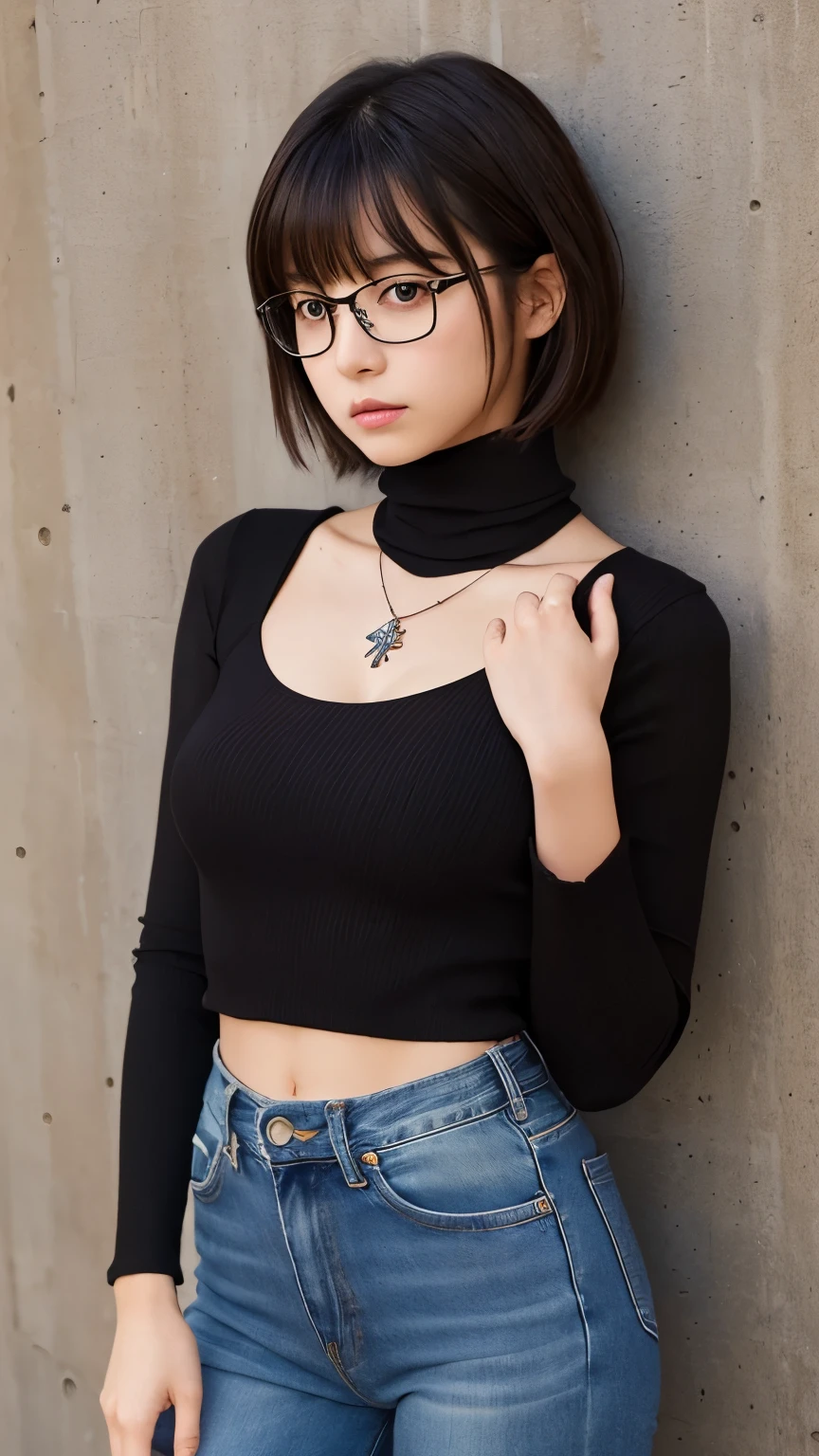 (masterpiece, Highest quality:1.2), Cowboy Shot, alone, One girl, Shizuku Murasaki, Expressionless, View your viewers, Put your arms behind your back, Short layered hair bangs, Brown eyes, large square glasses, Black turtleneck, , jeans, Exposed abdomen, Cross Necklace