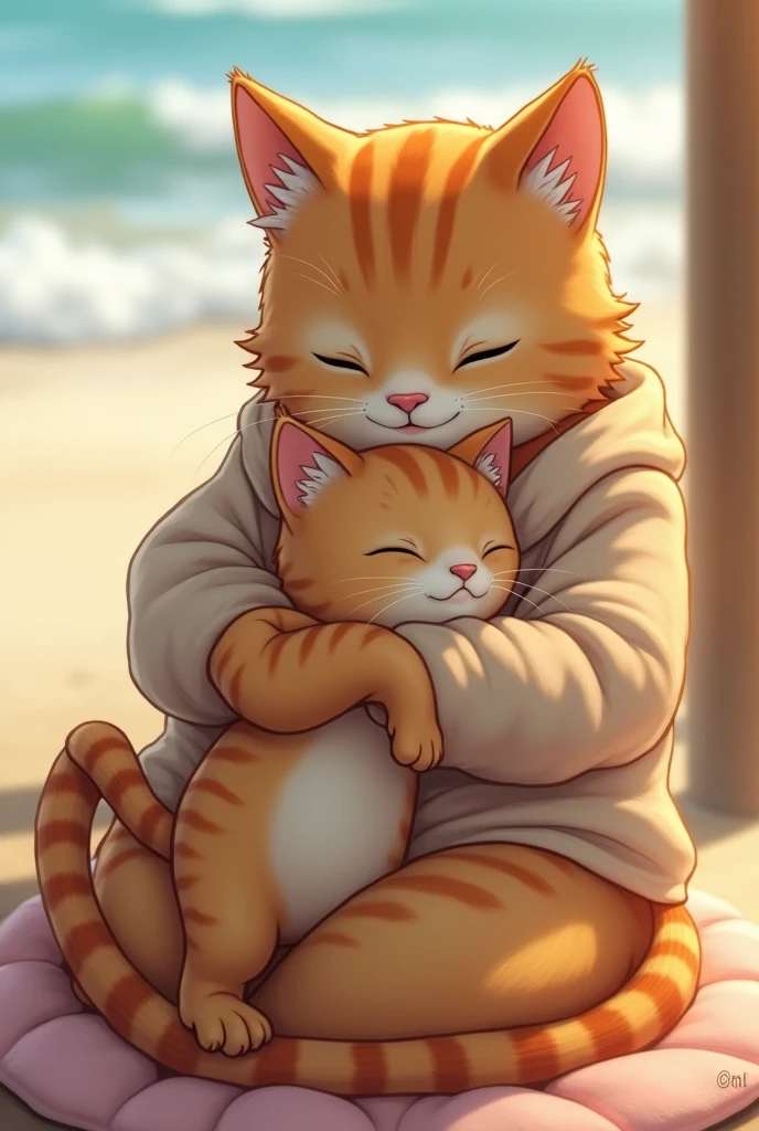 Safe in humanoid cat Mother's Arms: holding baby cat close,
cozy beach