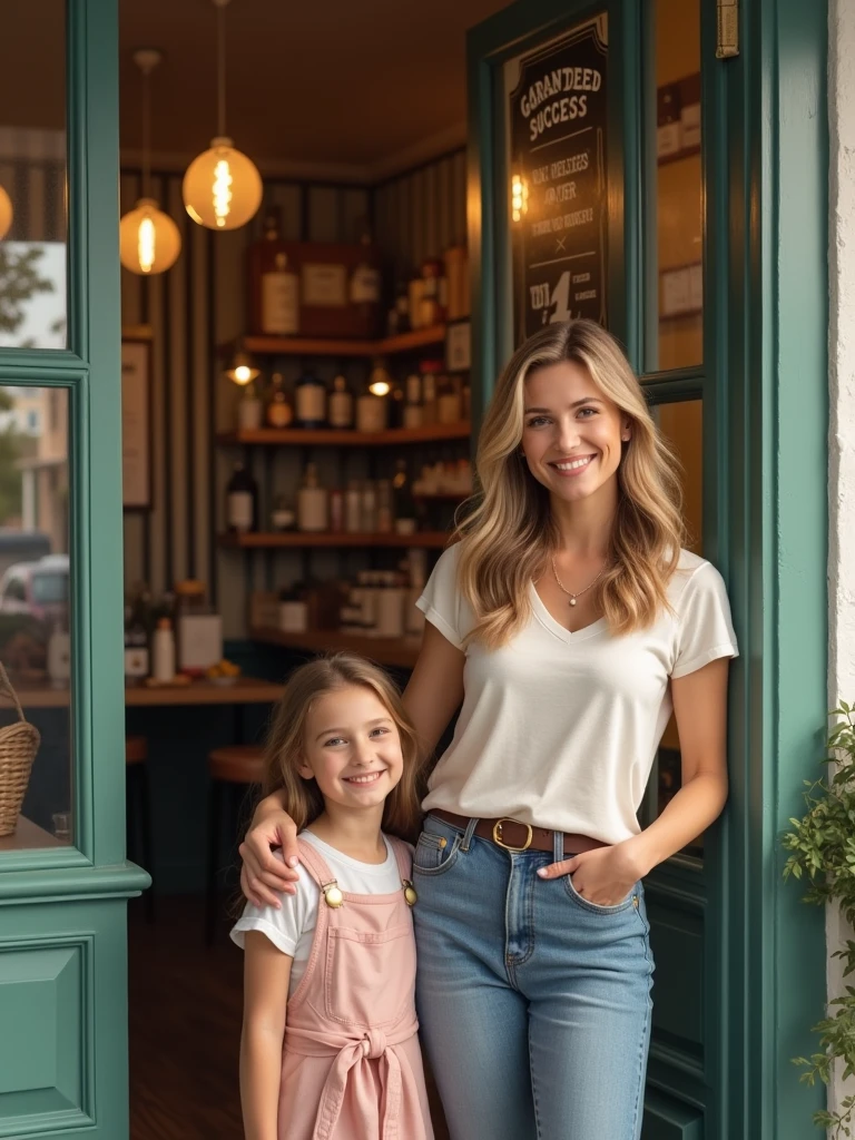 Sarah, souriante et confiante, debout à l'extérieur de son café, tenant la main de sa fille. On peut voir une plaque sur la porte du café indiquant "Succès garanti depuis 1 an"