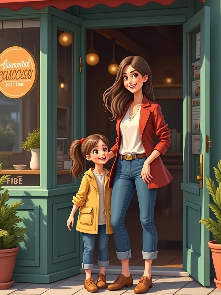 Sarah, souriante et confiante, debout à l'extérieur de son café, tenant la main de sa fille. On peut voir une plaque sur la porte du café indiquant "Succès garanti depuis 1 an"