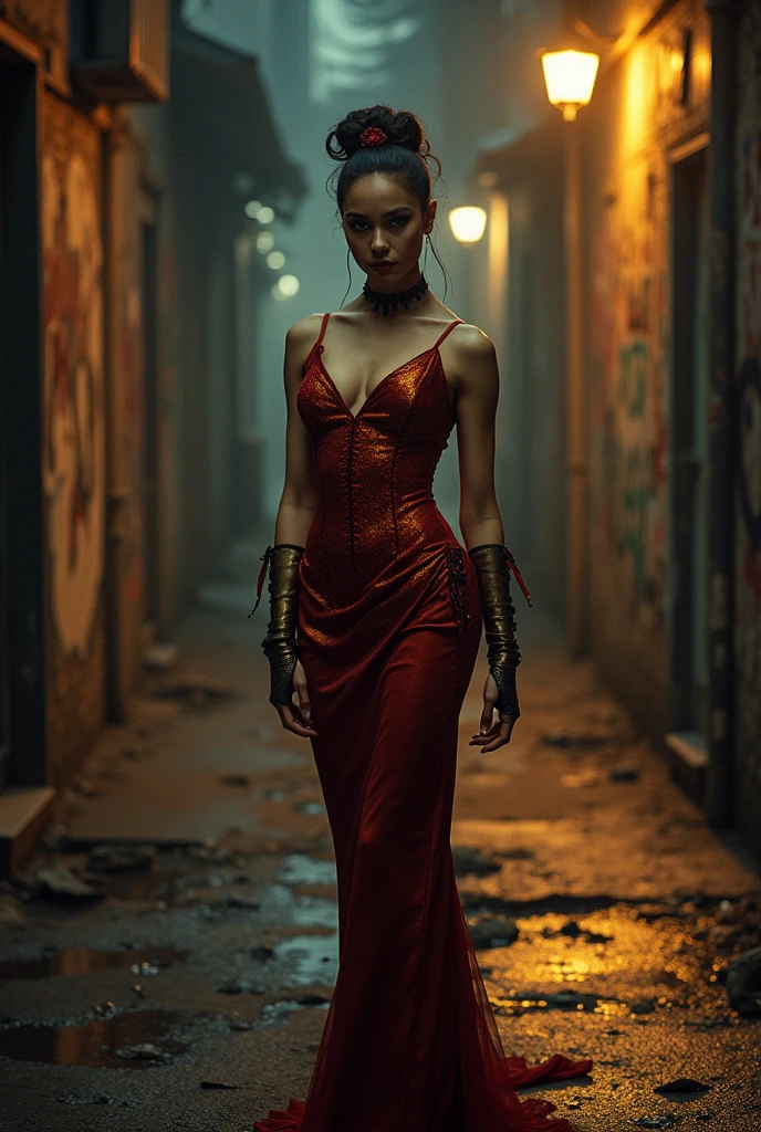 Spotlight on Ballerina maiden, short y sharp dressed gothic Victorian style gold and red, street alley at night, photorealistic digital painting cinematic film light, expressive eyes, ultra-realistic full HD resolution, dramatic lighting, 3D effect ultra-detailed intricate insanely, puddles, graffiti-adorned walls, close up from Down