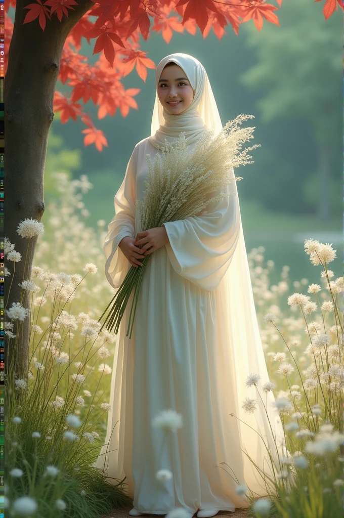An adult girl wearing a hijab shawl wears a long dress like flowing water made of chiffon, wears white shoes, is in a place where lots of weeds grow, the flowers are white, and there is a tree whose fallen leaves are red. . smiling while holding white flowering wild grass.