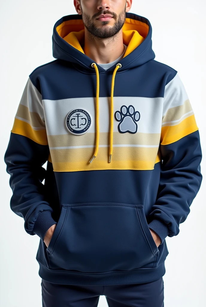 Hoodie about veterinary medicine in navy blue colors, white and yellow with hood and pocket