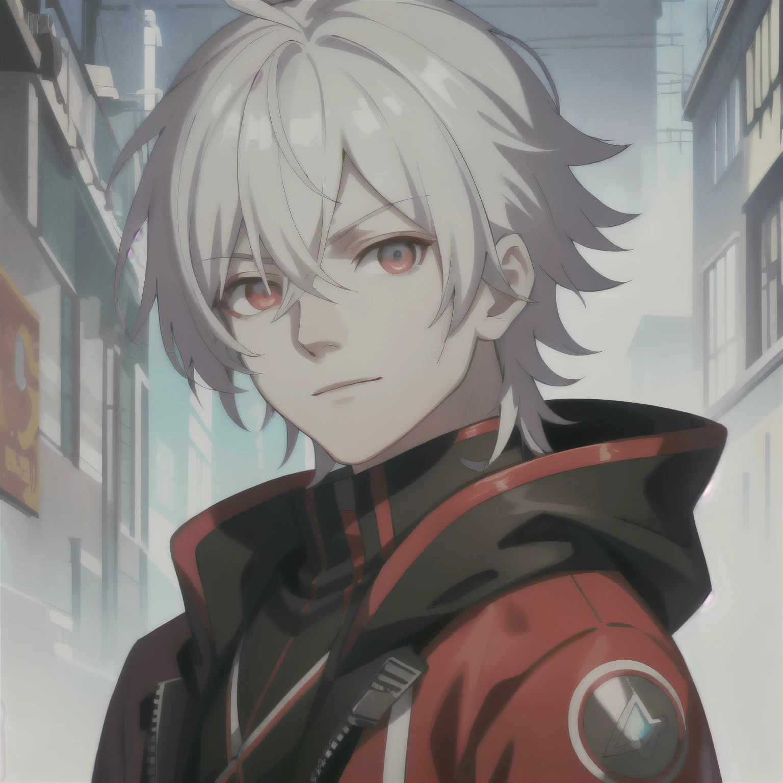 (high-quality, breathtaking),(expressive eyes, perfect face) portrait, Symmetrical Eyes, 1boy, male, teenager, solo, looking at viewer, portrait, simple background, white background, apocalyptic theme, ruined city buildings, alleyway, allen walker, red eye color, white hair, halfbody shot, medium hair length, neutral expression, charming, black and red jacket, hood, red trim, soft smile, cyberpunk clothing, Abzu
