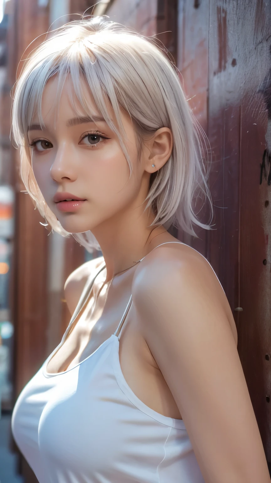 masterpiece, Highest quality, Very detailed, 8k, Realistic, One Girl, alone, Tomboy, Very detailed face, (head shot:1.5), Standing in front of a wall covered in hip hop graffiti, Pixie cut white hair, He is wearing a short tank top,I can see your chest,Nice ass,