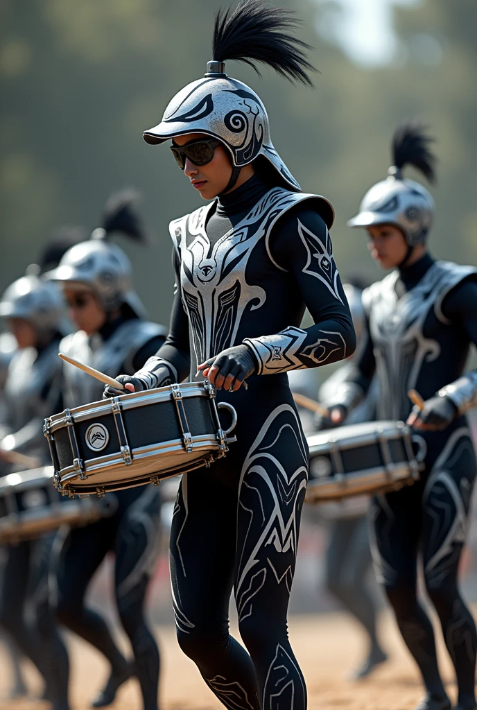 A tribal style marching band drumline dolphin logo with a black and white dolphin suit with no background
