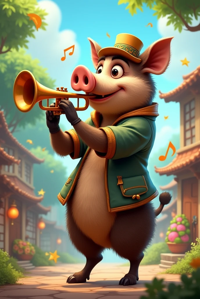 Animated boar playing trumpet