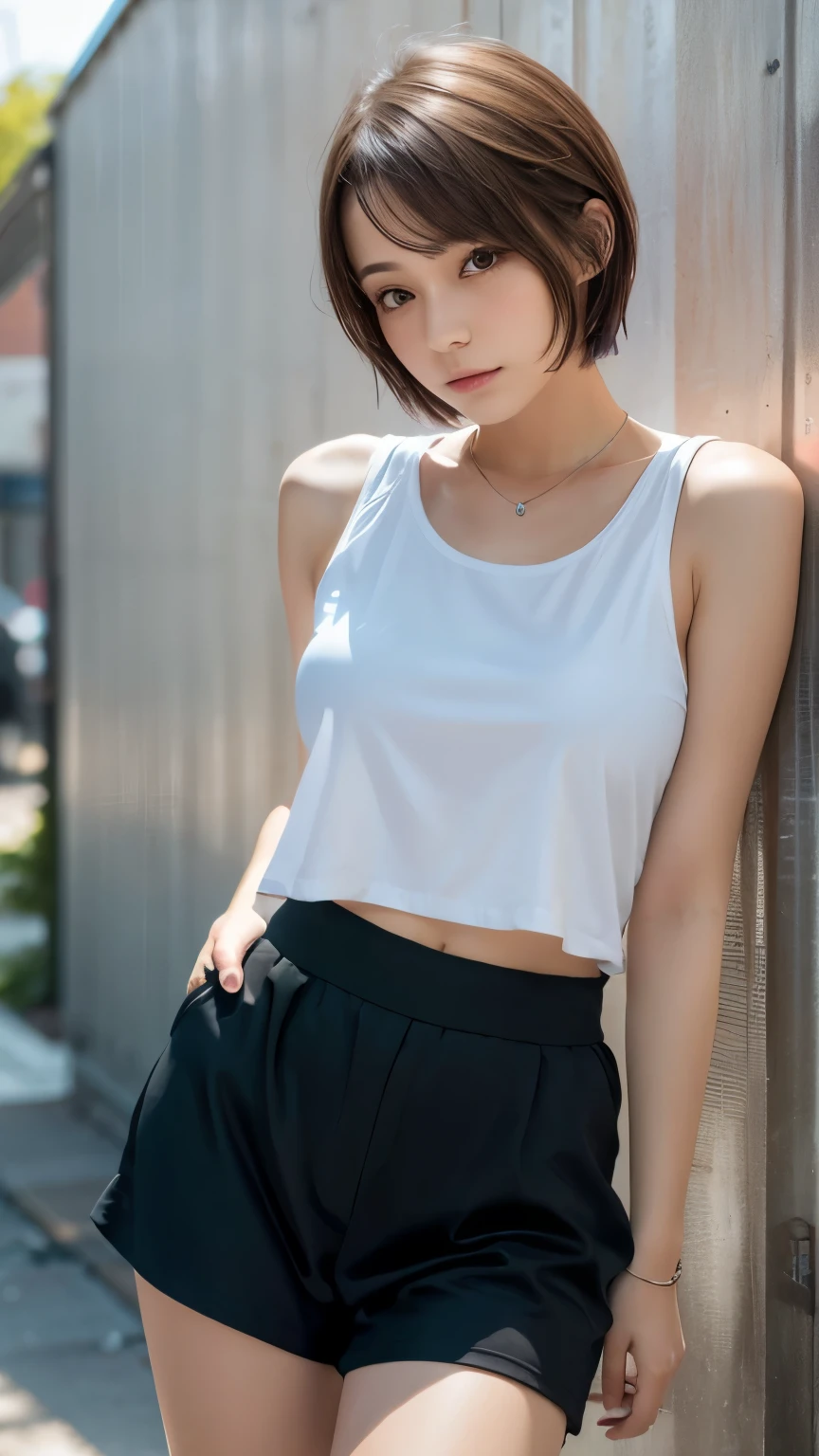 masterpiece, Highest quality, Very detailed, 8k, Realistic, One Girl, alone, Tomboy, Very detailed face, (head shot:1.5), Standing in front of a wall covered in hip hop graffiti, Pixie cut white hair, He is wearing a short tank top,I can see your chest,Nice ass,