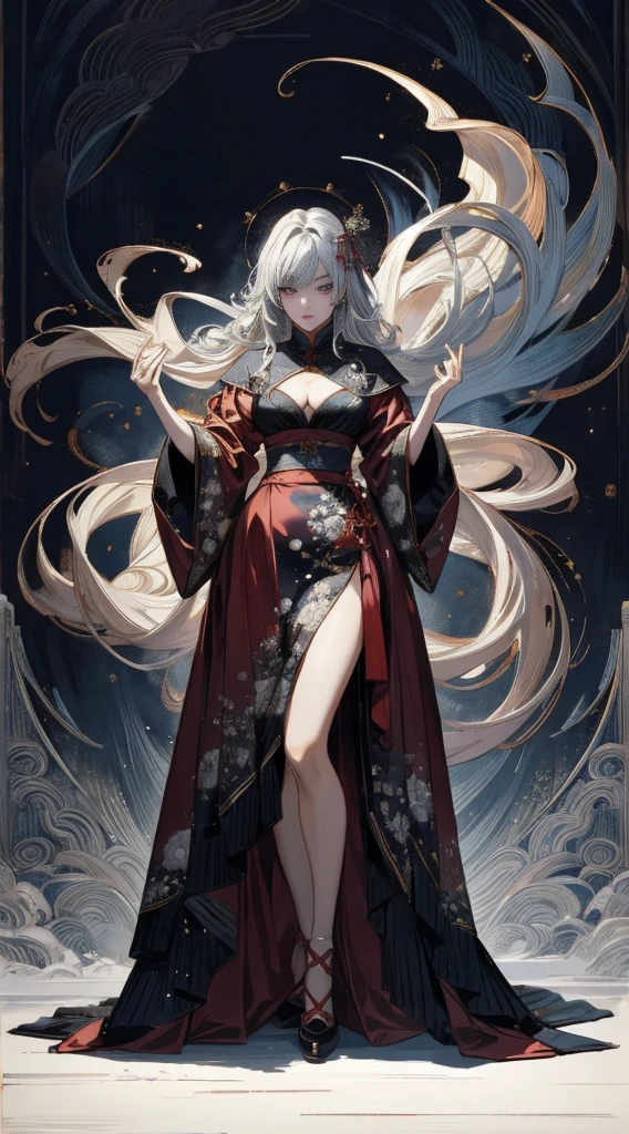 (dramatic, Roughness, intense:1.4),masterpiece, Highest quality, 32K of crazy detail, Intricate details, Super detailed, super high quality, Attention to detail, Super detailed, masterpiece, (Full Body Lesbian:1.5),  Bloodshot eyes，頭からつま先までのFull Body Shot，
Very expensive, A slim figure in a red dress in front of white eyes, Her hair was long enough to reach the ground，Huge boobs，Fat Hips，Long legs，Chinese Shoes，Unreal Background, Smoke and fog, Something seems to be coming out. Chinese Taoist ghost legends spark fear, Chinese Horror Doll Core, Dark purple and light blue, The reality of chiaroscuro is exaggerated, Works influenced by Japonism, The Hidden Core by Junji Ito, Miho Hirano, Ilya Kuvshinov, Zhang Yimou&#39;s Mood, thick paintings, oil, Sumi-e film texture, Top View, Extreme close up shot, Realistic 3D, Super detailed. Blender, C4D, Attention to detail, High resolution,Full Body Shot。