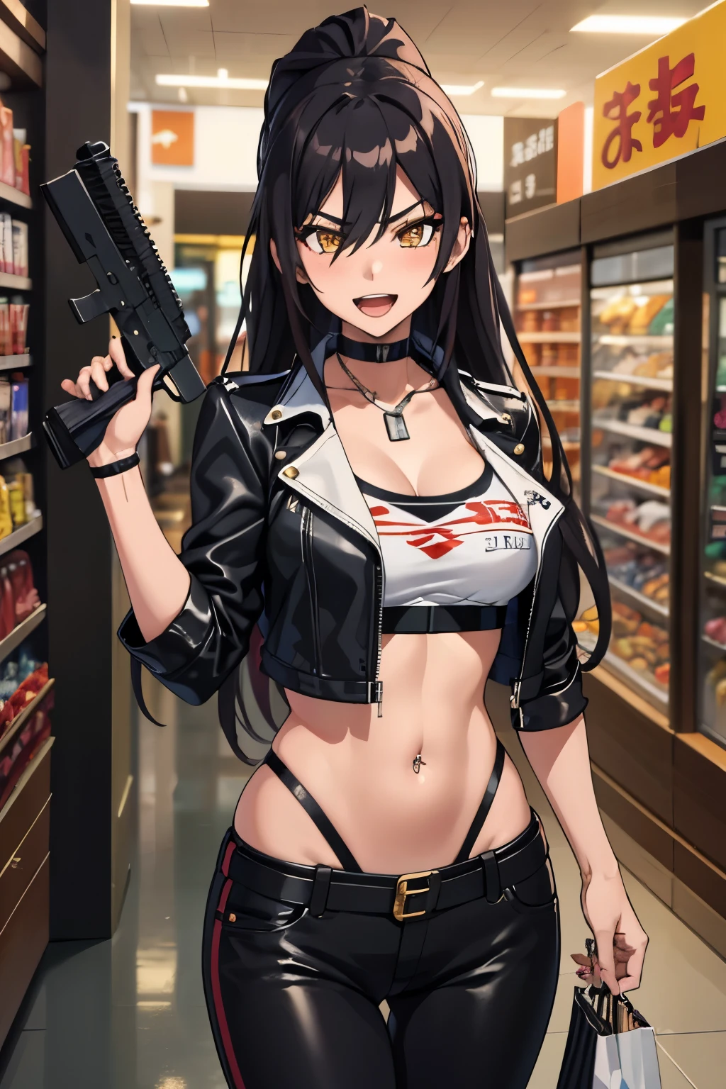 1girl, shirase sakuya, high ponytail, long hair, blush, lipstick, long hair, Hot girl, baddie, staring, glaring, bad attitude, mean girl, crazy, smoking, mall, shopping center,indoors, smile, masterpiece, best quality, highly detailed, a girls with a gun, evil smile , open mouth, sexy gaze, badass
pose , evil smile, smile, (nsfw) not safe for work, guns blazing, anime girl with long hair, beautiful long
haired girl, navel, evil expression, exposed belly, exposed navel, exposed midriff, exposed lower belly,
long black pants, crop top, cleavage, unbuttoned leather pants ,open fly, low rise black leather pants,
leather jacket, holding a gun, holding pistol, navel piercing