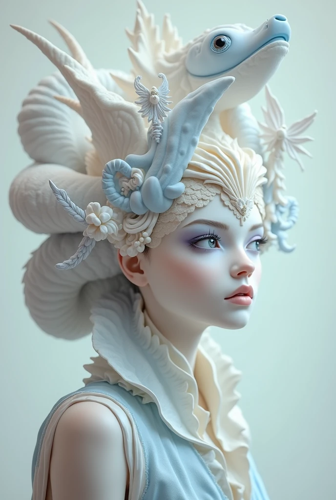 A mysterious spy with subtle blue camouflage on her face, in the style of delicate porcelain sculpting, elegant figures, timeless fashion, exquisite, made of mythical creatures, flowing forms, pastel-toned toning, Oliver Jeffers, surreal background