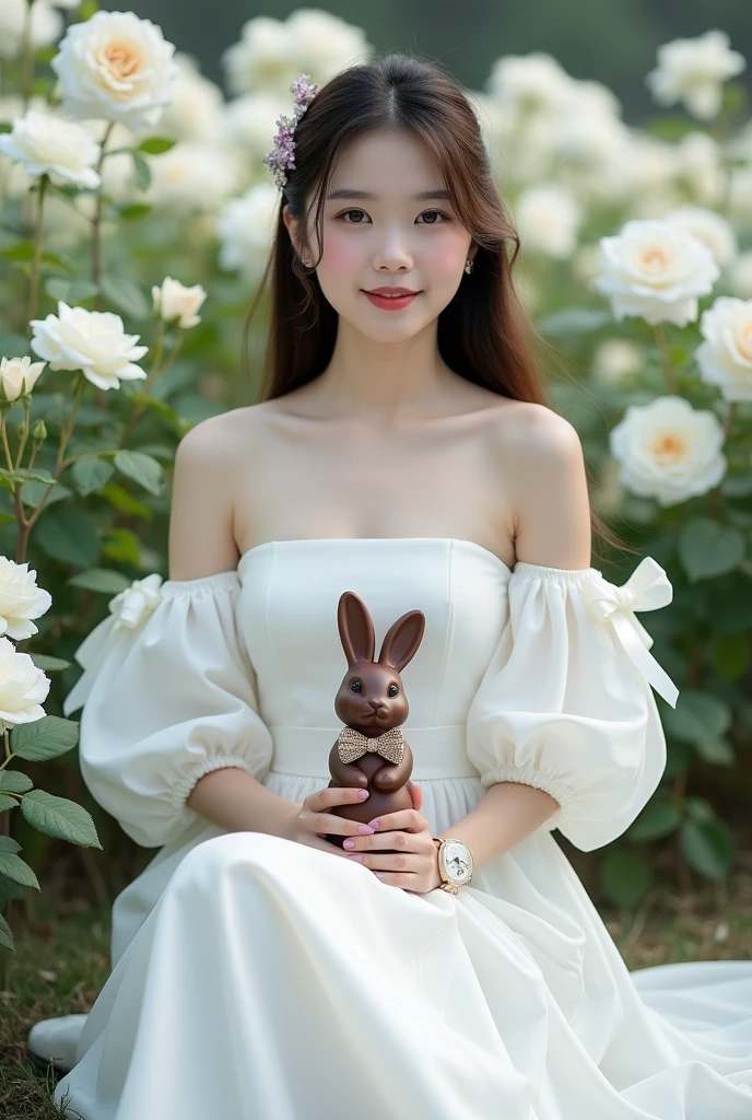 A beautiful Indonesian girl, smooth white skin, well-groomed face,rambut sanggul ala Korea, purple , ,wearing a pure white dress, knee length wide mayung, , closed door, left and right sleeves with beautiful ribbons,balloon sleeve model ,holding a large chocolate rabbit, , ,luxury watch , white shoes, Sitting pose,, with grace, eyes looking at camera. in the thicket , white roses that bloom beautifully and thickly. Rose field background , beautiful very amazing .Realistic original photo 