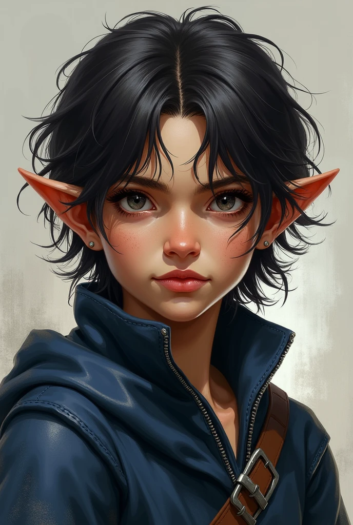 Make a Halfling male, like realistic rogue man face, with medium to long hair, small ears, with navy blue clothes 