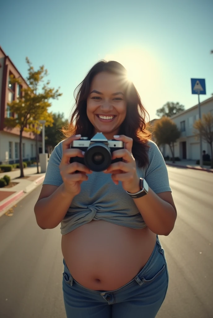 Pov fisheye camera view when a fat and curvy Asian mother who is 9 months pregnant is taking a selfie holding your camera while on the streets of Santa Clara, california . HD 8K, cinematic, Photorealistic, fisheye camera view, iphone camera style, highly shapering, high detailed, masterpiece, mid length shot