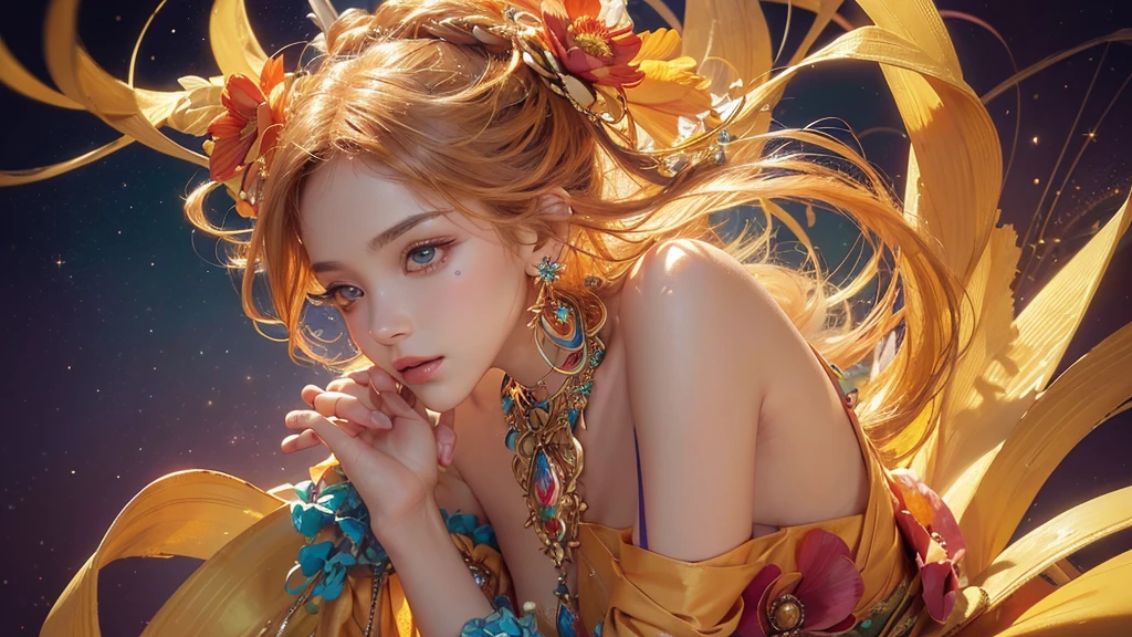 32K, 最高quality, 最高masterpiece, (ultra-Detailed Background, Detailed Background), High resolution, Super detailed, Very detailedな, 1 personの, (bouquet:1.3), (Tangled:1.2), (Geometric:1.2),(colorful),(masterpiece, quality, best quality, Official Art, Beautiful and beautiful:1.2), (1 person:1.3), Very detailed,(colorful:1.1)(Flowers:1.3),Most detailed,(Tangled:1.2), whole body, (Abstract background:1.3), (Skin glows), (Many colors:1.4), ,(Earrings Jewelry:1.5), Pale Orange Background, It's imaginative., Flaxen Hair,