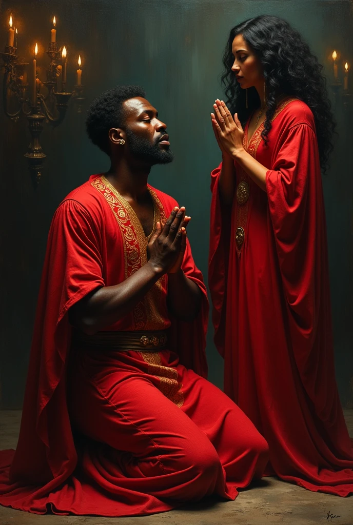 BLACK MAN IN BLOOD RED DRESS WORSHIPING THE LORD WITH A WOMAN 
