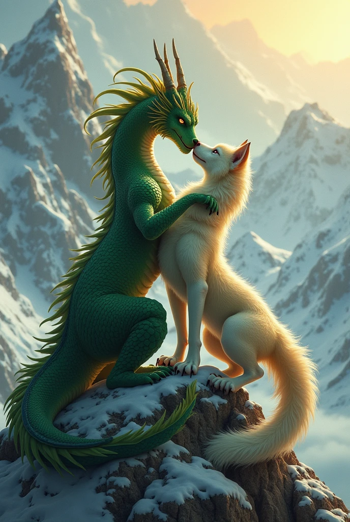 A female dragon on top of a wolf in a romantic moment