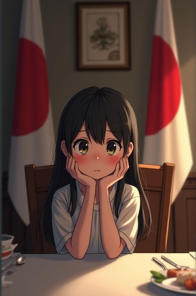 1 girl,the flag,blushing face,never mind,hot mouth, sitting in front of the camera, sitting at a dining table hiding what she is doing with her hands underneath it.