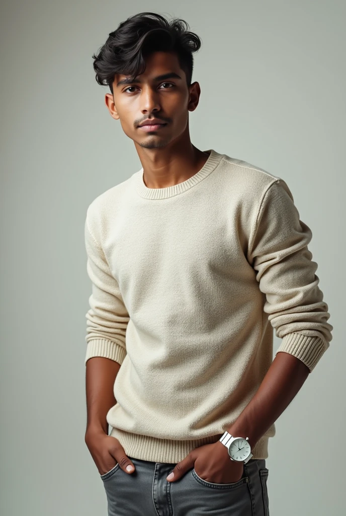 a 21 years of indian boy wearing knit shirt and grey jeans pant and white smart watch and with fade haircut