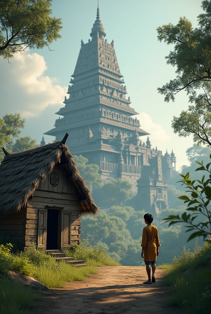 How did Raju find the old hut near the 3d 4k hd temple? what was going on in his mind?